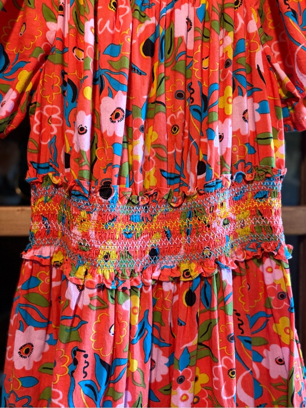Printfresh Penciled In Dress Size Medium Bright Floral Maxi Dress Coral & Blue - Picture 8 of 11